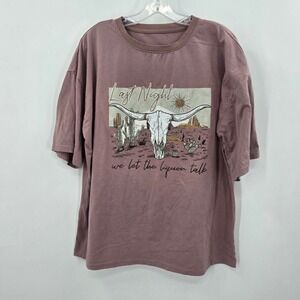 SHEIN Womens Last Night Liquor Talk Longhorn Skull Graphic Tee Mauve Medium